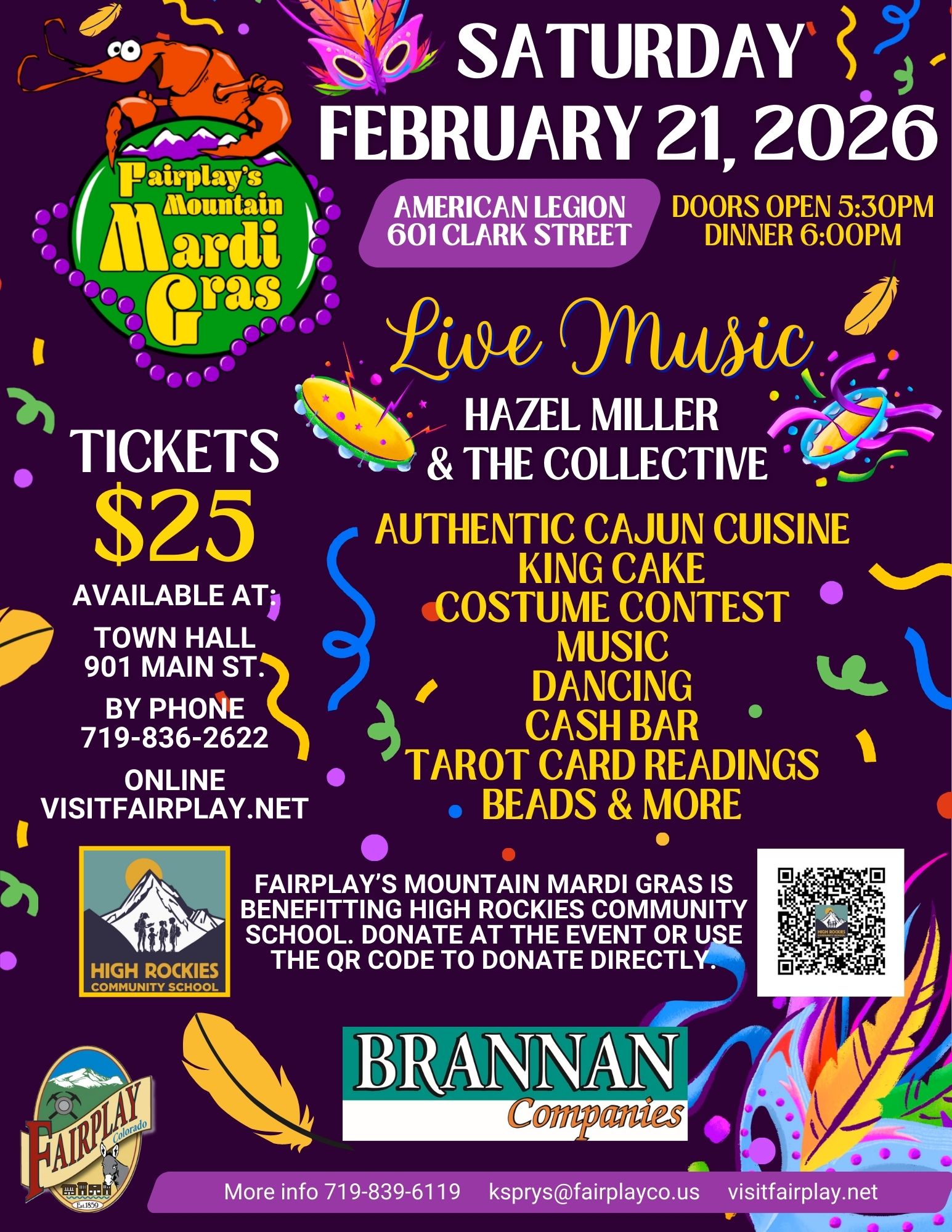 Colorful Mardi Gras event poster with masks, beads, and musical notes. Details: Fairplay’s Mountain Mardi Gras, Feb 21, 2026, live music, Cajun food, tarot readings, tickets $25. Benefits high school music program.