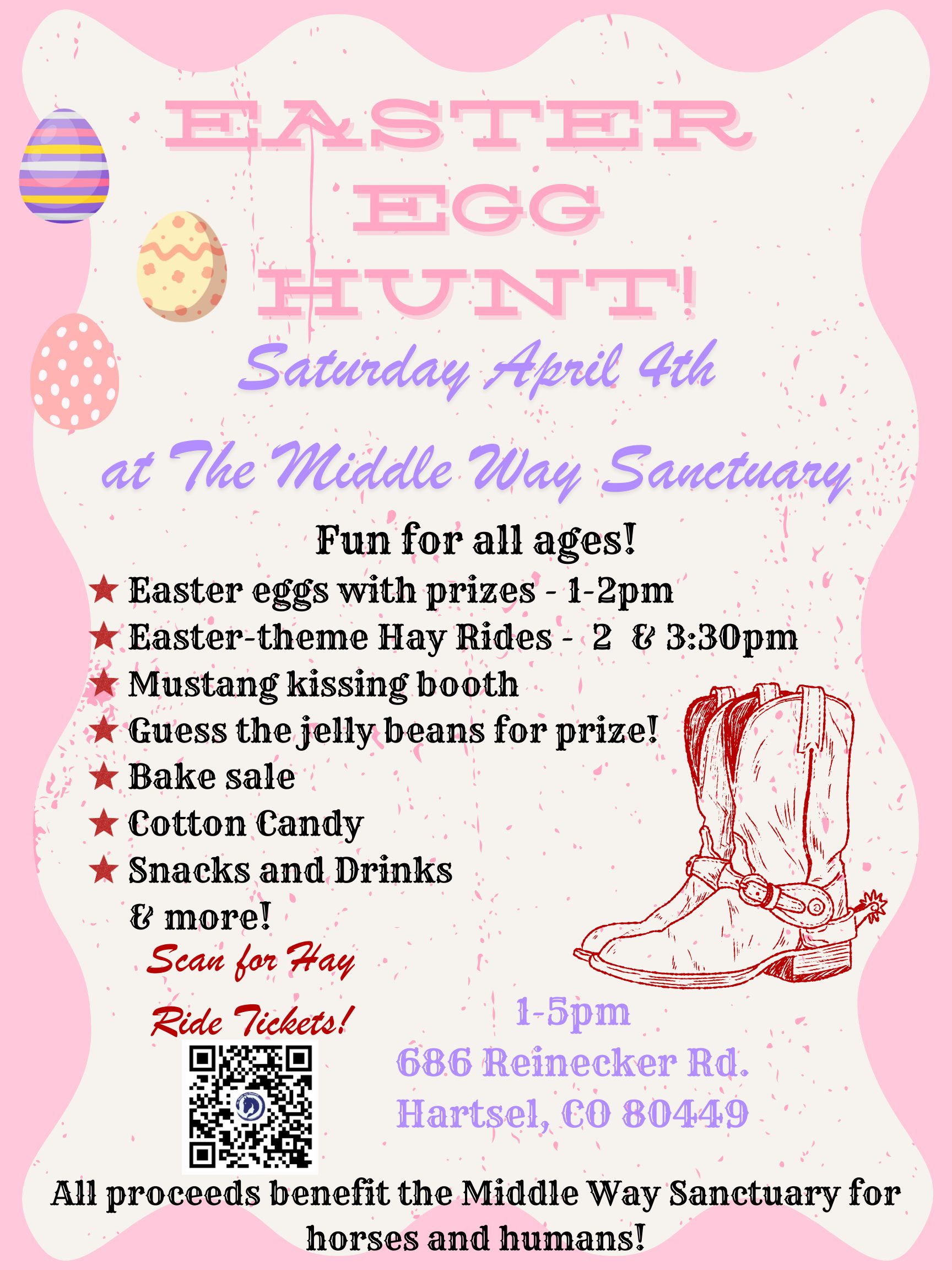 Flyer with pastel Easter theme and eggs, advertising an Easter Egg Hunt! on Saturday, April 4th at The Middle Way Sanctuary, with egg hunt, hay rides, bake sale, and pony rides for all ages. Event is from 1-5pm.