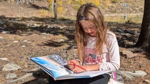 A young girl sits outdoors on a sunny day, writing in a large book with a red pencil. She is surrounded by trees and rocks, with autumn colors in the background. She appears focused on her work.