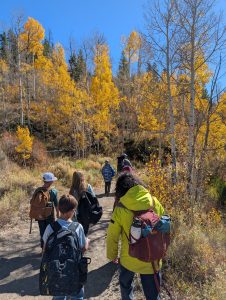 A group of people, including children, walk on a dirt trail through a forest with tall trees displaying vibrant yellow fall foliage under a clear blue sky. They wear backpacks and outdoor clothing.