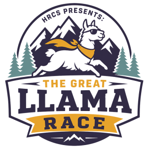 Logo for The Great Llama Race featuring a llama wearing sunglasses and a scarf, running in front of mountains and pine trees. The text reads “HRCS Presents: The Great Llama Race.”.